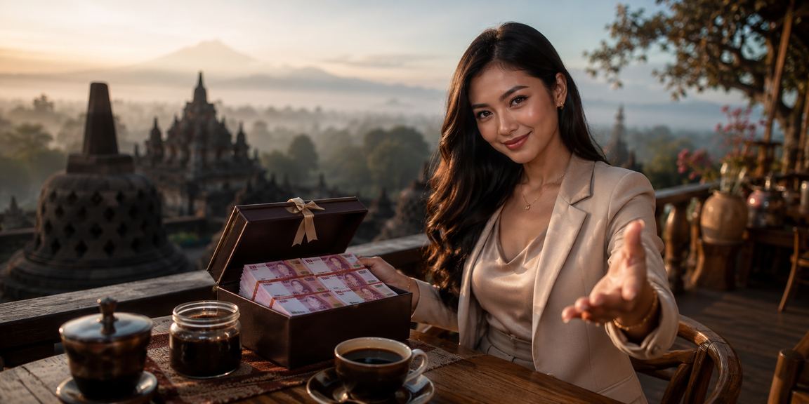 Pemain menikmati kopi sambil melihat informasi bonus VIP di laptop