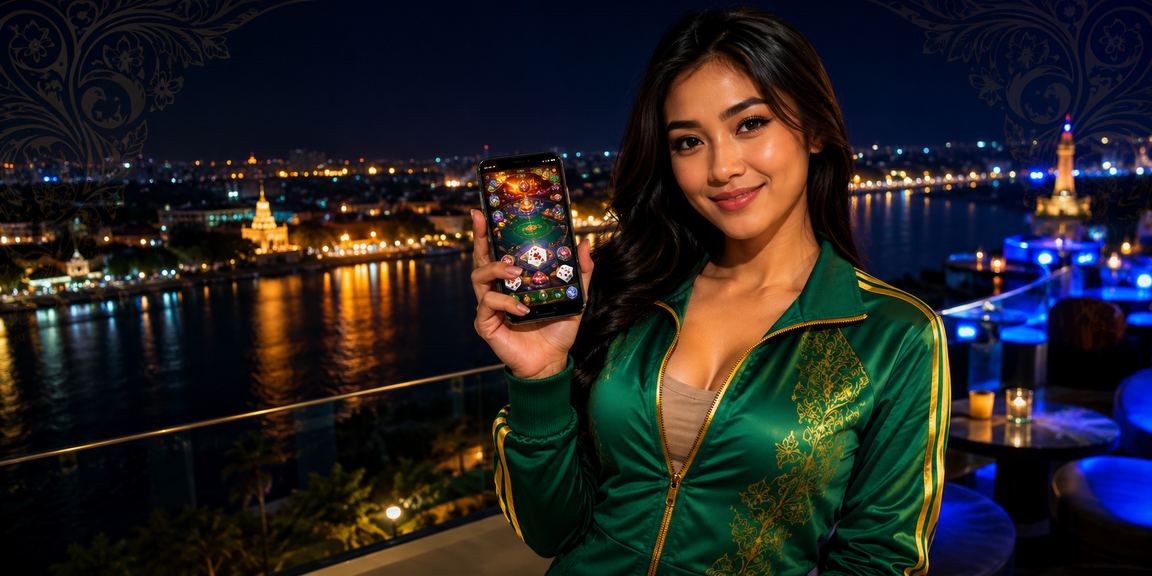 Model perempuan Vietnam berpose di depan meja taruhan casino yang ramai