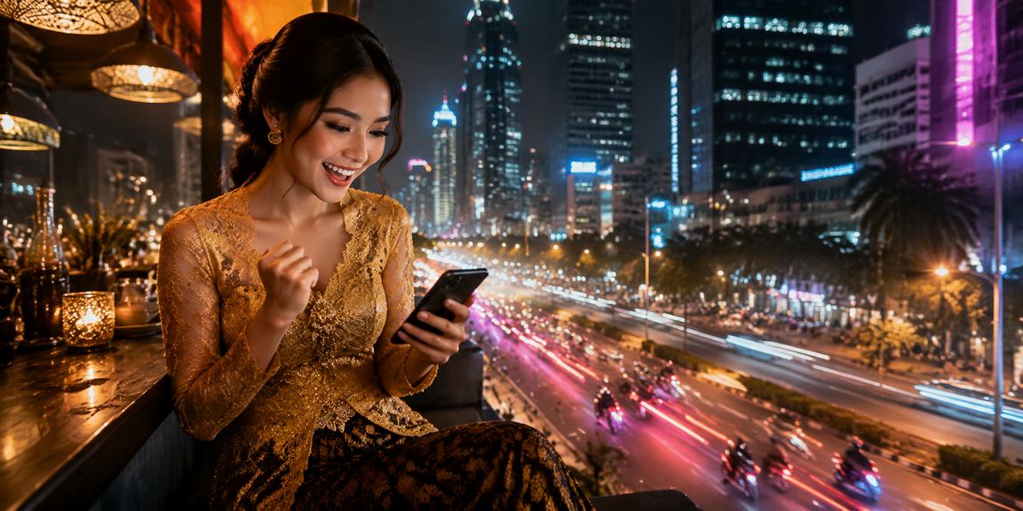Tampilan mobile casino dengan lampu neon berwarna-warni di malam hari