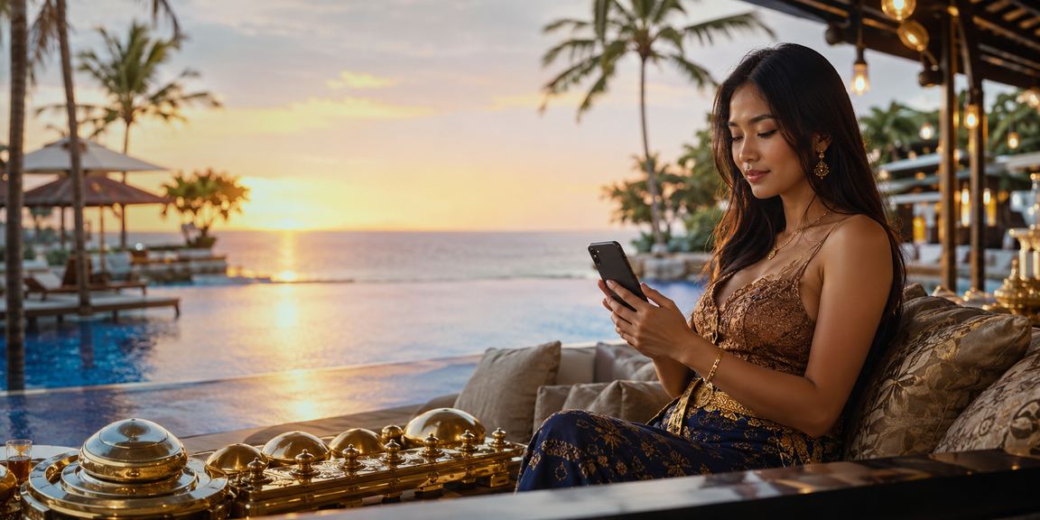 Pengguna mengakses casino mobile di pantai menggunakan smartphone